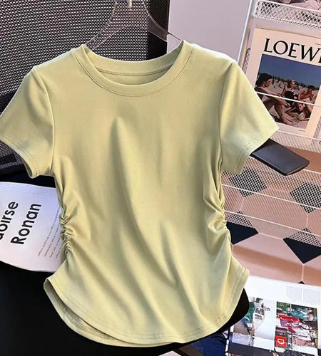 Summer 2025 New Solid Casual Round Neck Holiday Pleated T Shirt Women Slim Short Sleeves Tops Fashion Trendy Clothing Simplicity