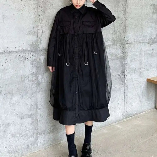 Load image into Gallery viewer, Women White Mesh Ribbons Pocket Big Size Midi Shirt Dress New Lapel Long Sleeve Fashion Tide Spring Autumn 2025 1DH8647
