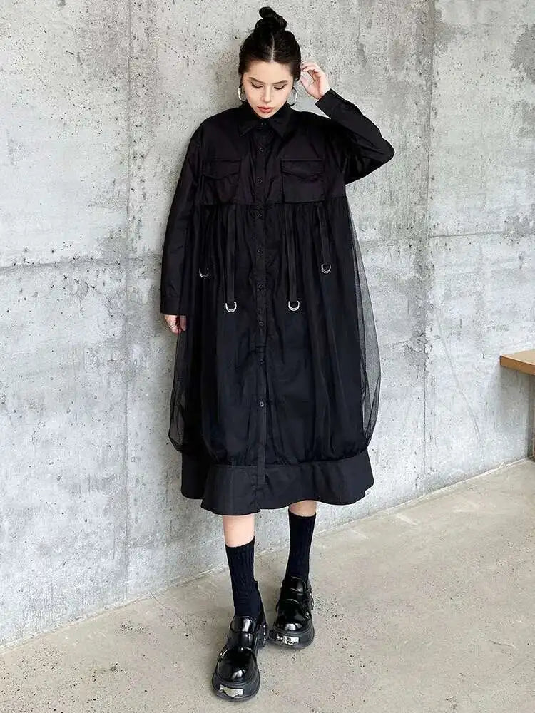 Women White Mesh Ribbons Pocket Big Size Midi Shirt Dress New Lapel Long Sleeve Fashion Tide Spring Autumn 2025 1DH8647