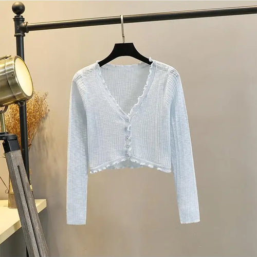Load image into Gallery viewer, 2025 Sping Summer New Women's Solid Fashion V-neck Long Sleeve Cardigan Knitted Tops Single Breasted Sun Protection Clothes Chic
