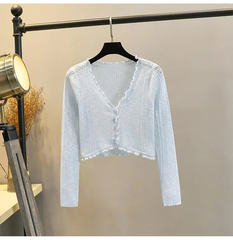 2025 Sping Summer New Women's Solid Fashion V-neck Long Sleeve Cardigan Knitted Tops Single Breasted Sun Protection Clothes Chic