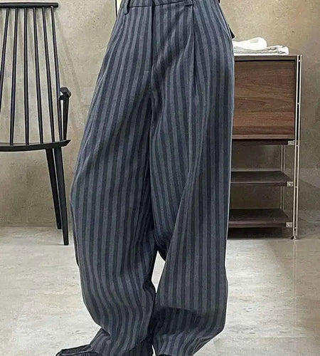 High Waist Gray Striped Pleated Long Casual Pants New Loose Fit Trousers Women Fashion Tide Spring Autumn 2025 1DF4435