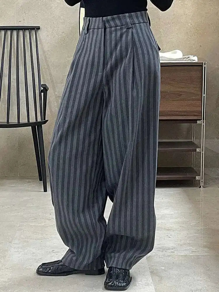 High Waist Gray Striped Pleated Long Casual Pants New Loose Fit Trousers Women Fashion Tide Spring Autumn 2025 1DF4435