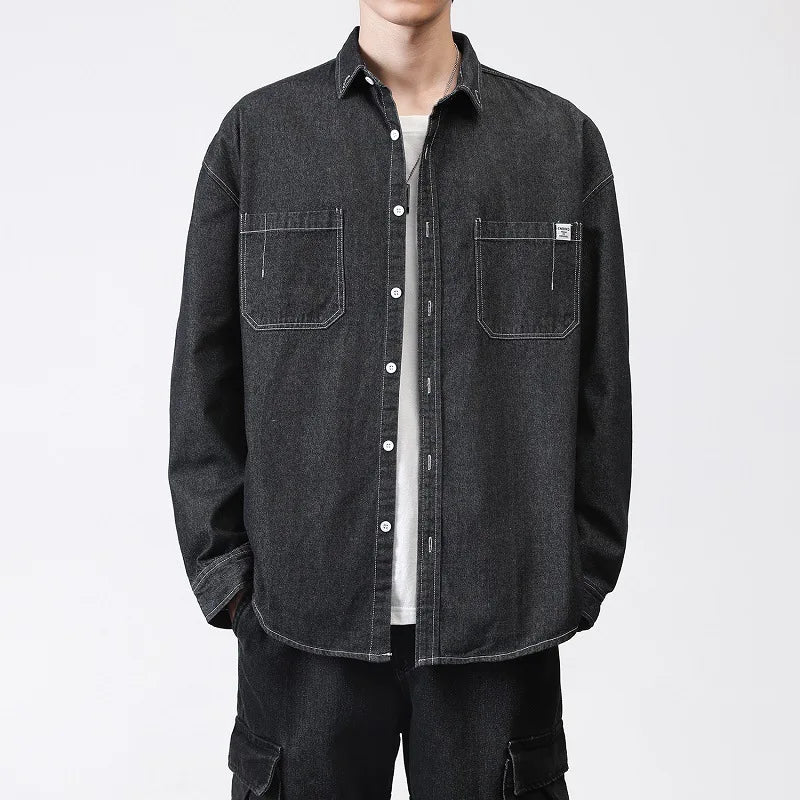 Men's Cargo Denim Shirt Turn-down Collar New Washed Loose Korean Fashion Long Sleeve Male Shirts Spring 2025 9W1317