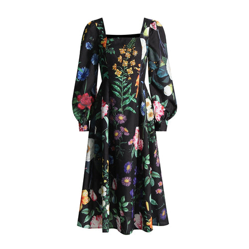 Load image into Gallery viewer, Hit Color Print Dresses For Women Square Collar Long Sleeve High Waist Folds A Line Summer Dress Female Fashion
