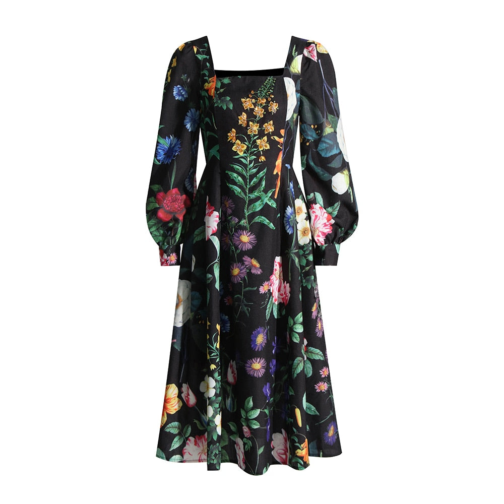 Hit Color Print Dresses For Women Square Collar Long Sleeve High Waist Folds A Line Summer Dress Female Fashion