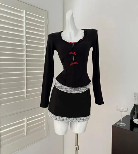 Korean Fashion 2025 Spring Two Pieces Set Women Black Patchwork Lace Elegant Long Sleeved Bow Tops + High Waist Short Skirt Chic