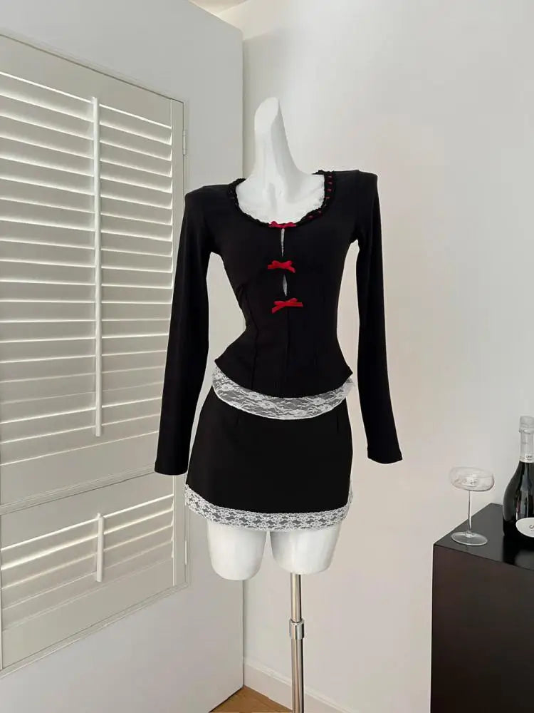 Korean Fashion 2025 Spring Two Pieces Set Women Black Patchwork Lace Elegant Long Sleeved Bow Tops + High Waist Short Skirt Chic