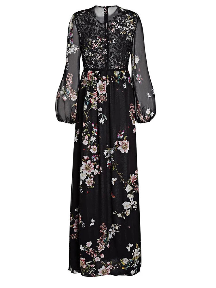 Elegant Floral Printing Lace Long Dresses For Women Round Neck Long Sleeve High Waits Temperament Slimming Dress Female New