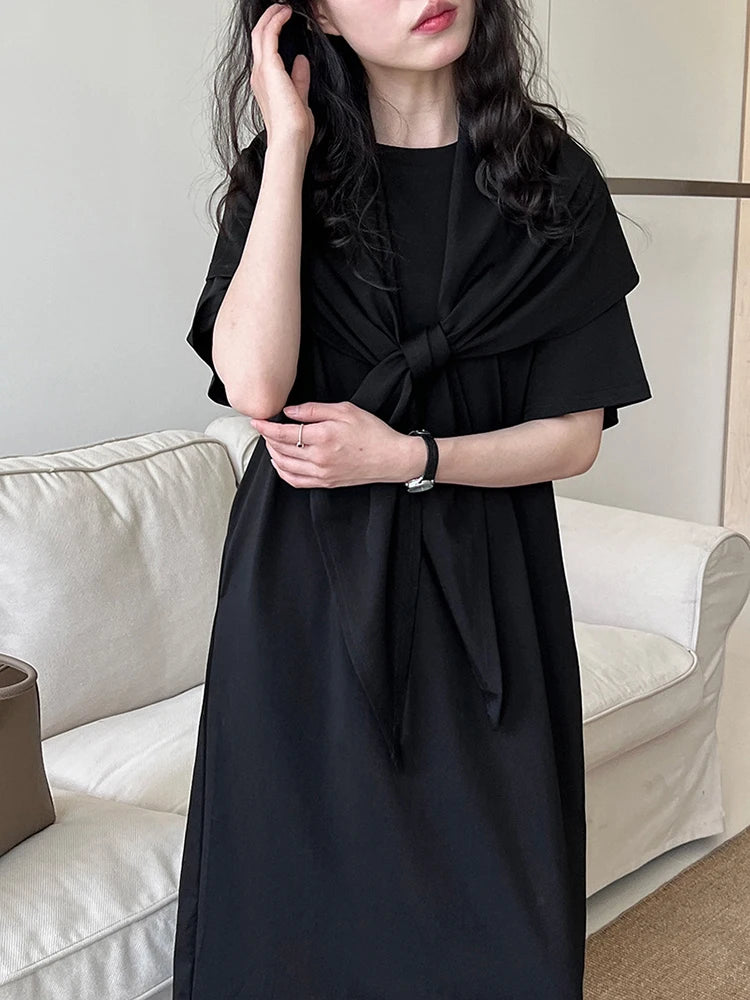 Women White Bandage Irregular Big Size Midi Dress New Round Neck Short Sleeve Fashion Tide Spring Summer 2025 1DJ1263