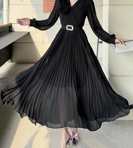 Solid Spliced Belt Chic Dresses For Women V Neck Long Sleeve High Waist Temperament Slimming Elegant Dress Female