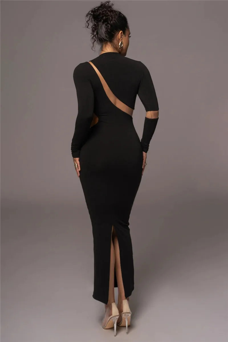 Turtleneck Long Sleeve Bodycon Maxi Dress For Women Autumn New Patchwork Hollow Out Club Party Sexy Long Dress Vestidos