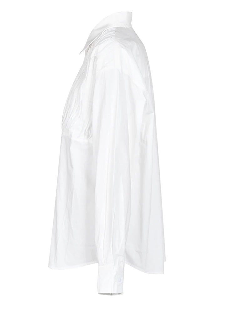 Women White Lace Pleated Big Size Blouse New Lapel Long Sleeve Loose Fit Shirt Fashion Spring Autumn 2025 1DF426001