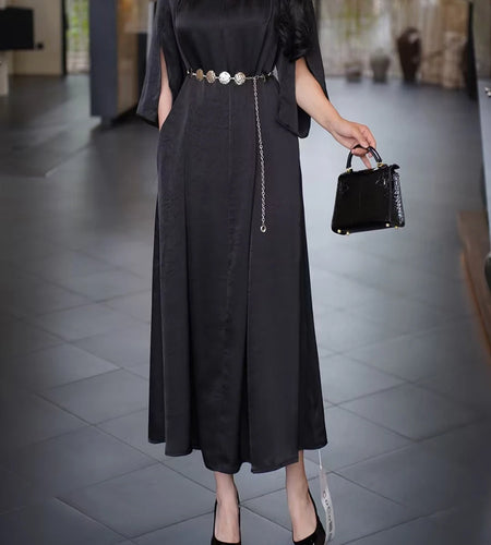 Solid Spliced Belt Loose Dresses For Women V Neck Short Sleeve High Waist Temperament Dress Female Fashion Style