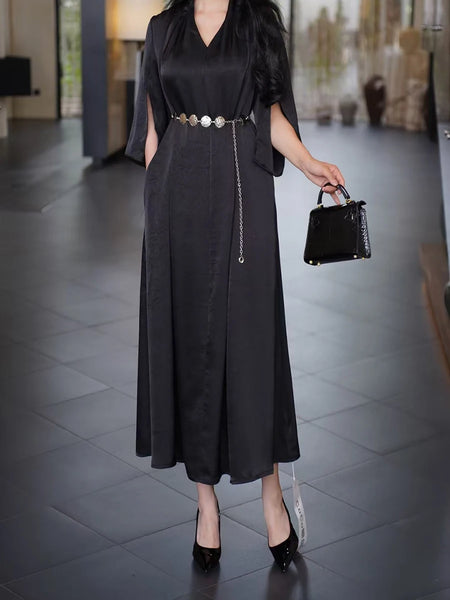 Solid Spliced Belt Loose Dresses For Women V Neck Short Sleeve High Waist Temperament Dress Female Fashion Style