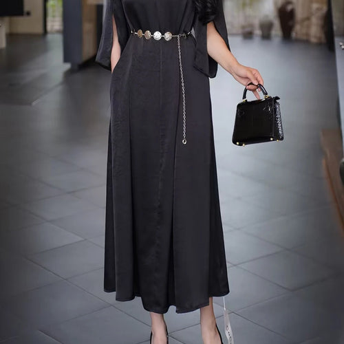 Load image into Gallery viewer, Solid Spliced Belt Loose Dresses For Women V Neck Short Sleeve High Waist Temperament Dress Female Fashion Style
