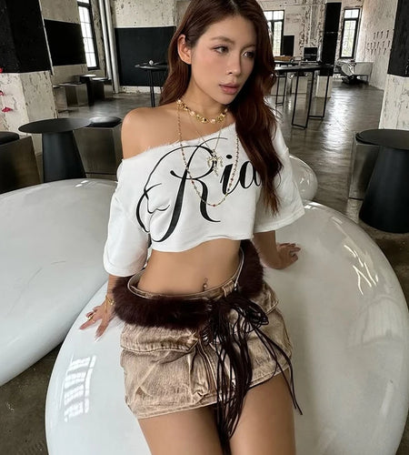 Loose Letter Print Mini t-Shirt Women Summer Trend Biased Collar Versatile Street Skinny Simple Classic Party Daily Tops