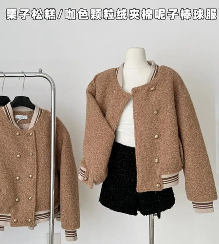 French Vintage Women's Brown Patchwork Elegant Holiday Short Woolen Coat Autumn And Winter Double-breasted Cotton Jacket Popular
