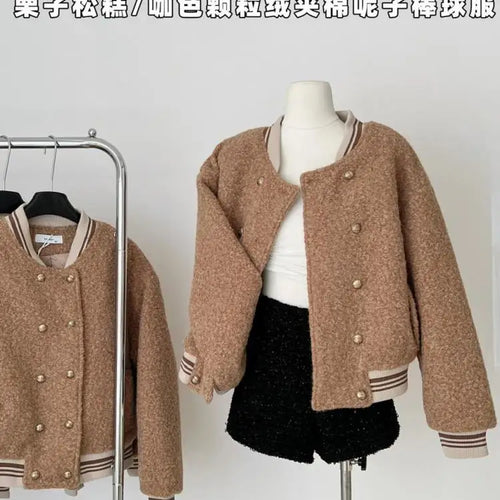 Load image into Gallery viewer, French Vintage Women&#39;s Brown Patchwork Elegant Holiday Short Woolen Coat Autumn And Winter Double-breasted Cotton Jacket Popular
