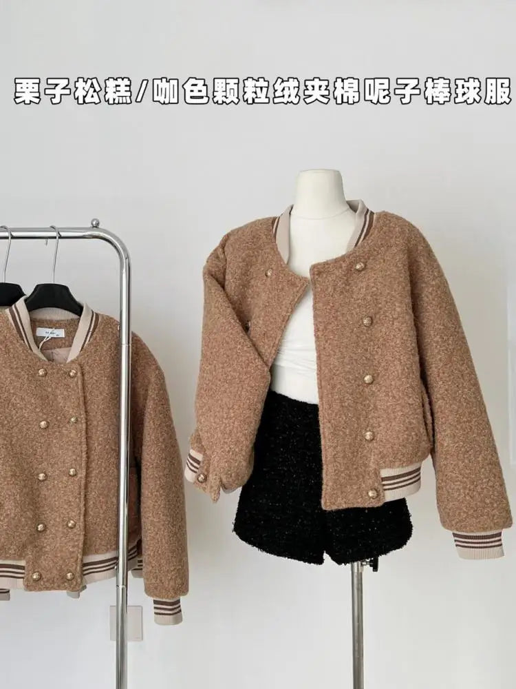 French Vintage Women's Brown Patchwork Elegant Holiday Short Woolen Coat Autumn And Winter Double-breasted Cotton Jacket Popular