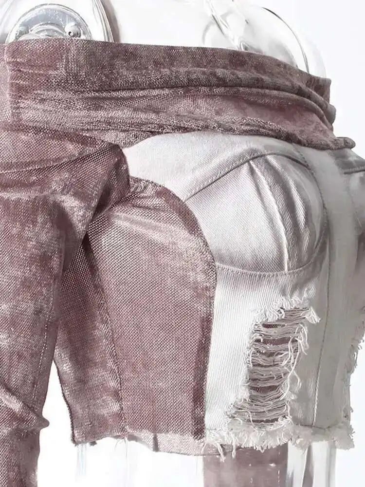 Velvet Denim T-shirt Half-body Skirt Two Pieces Suit New Slash Neck Long Sleeve Women Fashion Spring Autumn 2025 7AB6039