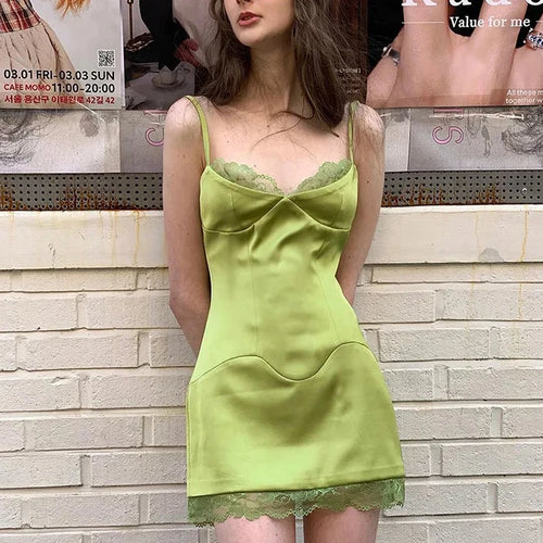 Load image into Gallery viewer, Lace Trim Satin Green Slip Dress Girls Y2k Sexy Outfit Women Club Wear V Neck Cami Mini Dresses Summer 2024 P85-DI11
