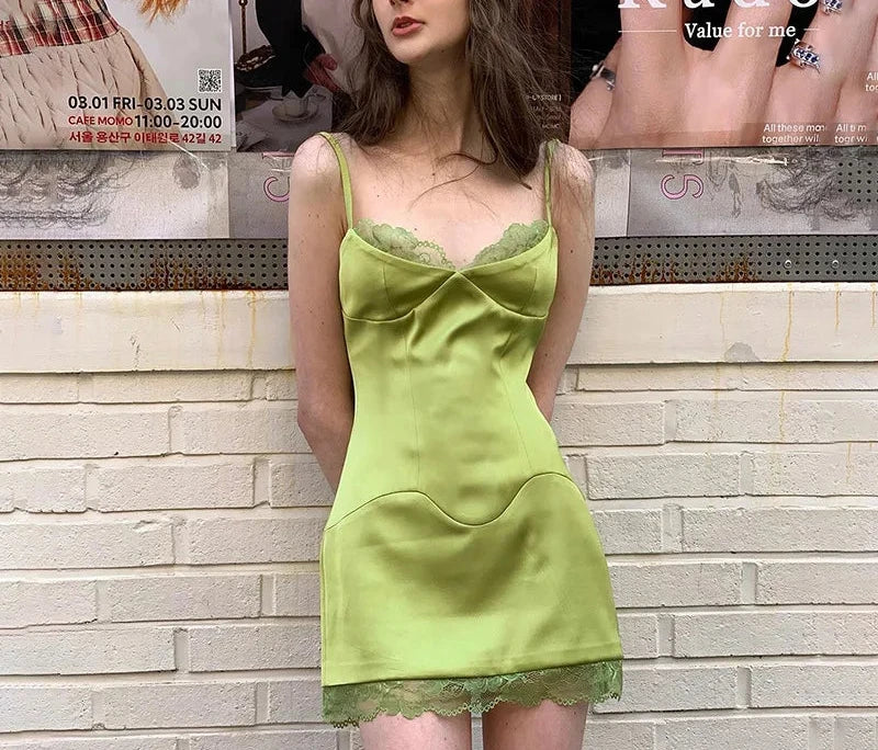 Lace Trim Satin Green Slip Dress Girls Y2k Sexy Outfit Women Club Wear V Neck Cami Mini Dresses Summer 2024 P85-DI11