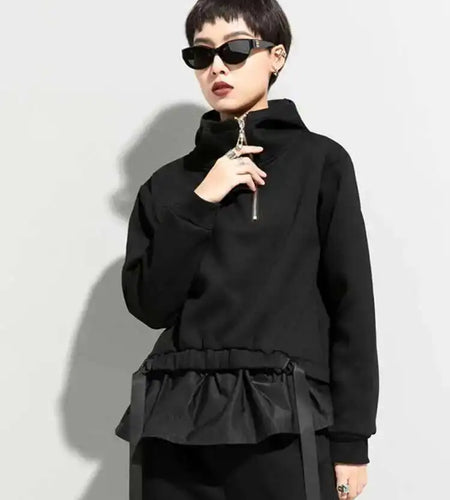 Loose Fit Ruffles Spliced Sweatshirt New Hoooded Long Sleeve Women Big Size Fashion Tide Spring Autumn 2025 1DD2569