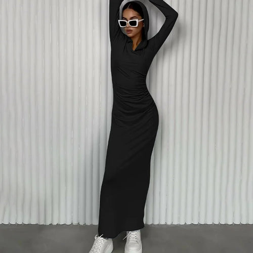 Load image into Gallery viewer, Elegant V Neck Hooded Maxi Dress For Women Autumn Winter New Long Sleeve Bodycon Ruched Fashion Long Dress New
