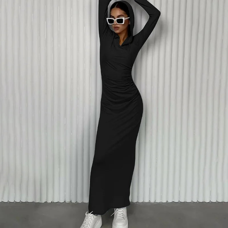 Elegant V Neck Hooded Maxi Dress For Women Autumn Winter New Long Sleeve Bodycon Ruched Fashion Long Dress New