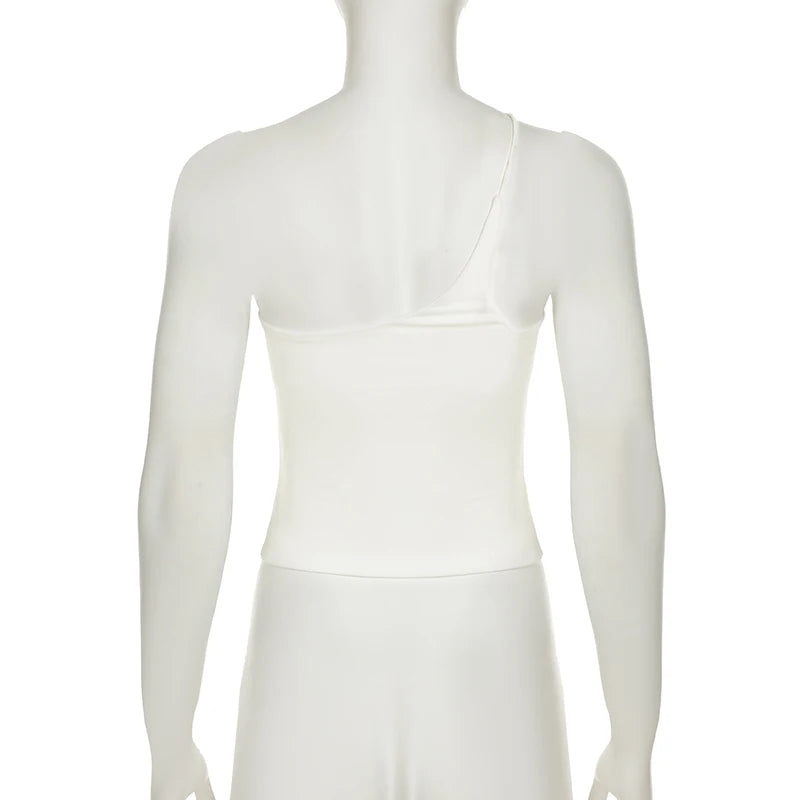 Sexy White Chic Single Shoulder Design Camis Women Slim-Fitting Solid Cropped Tops Summer Backless Clothes Sporty New