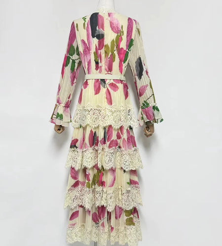 Printing Spliced Ruffles Folds Elegant Dresses for Women V Neck Long Sleeves High Waist Patchwork Lace Dress Female