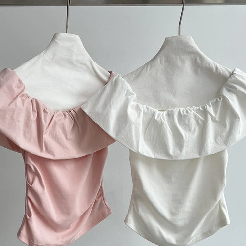 Load image into Gallery viewer, Women White pink Color Ruffles Elegant Slim T-shirt New Slash Neck Short Sleeve Fashion Tide Spring Summer 2025 1DJ1726
