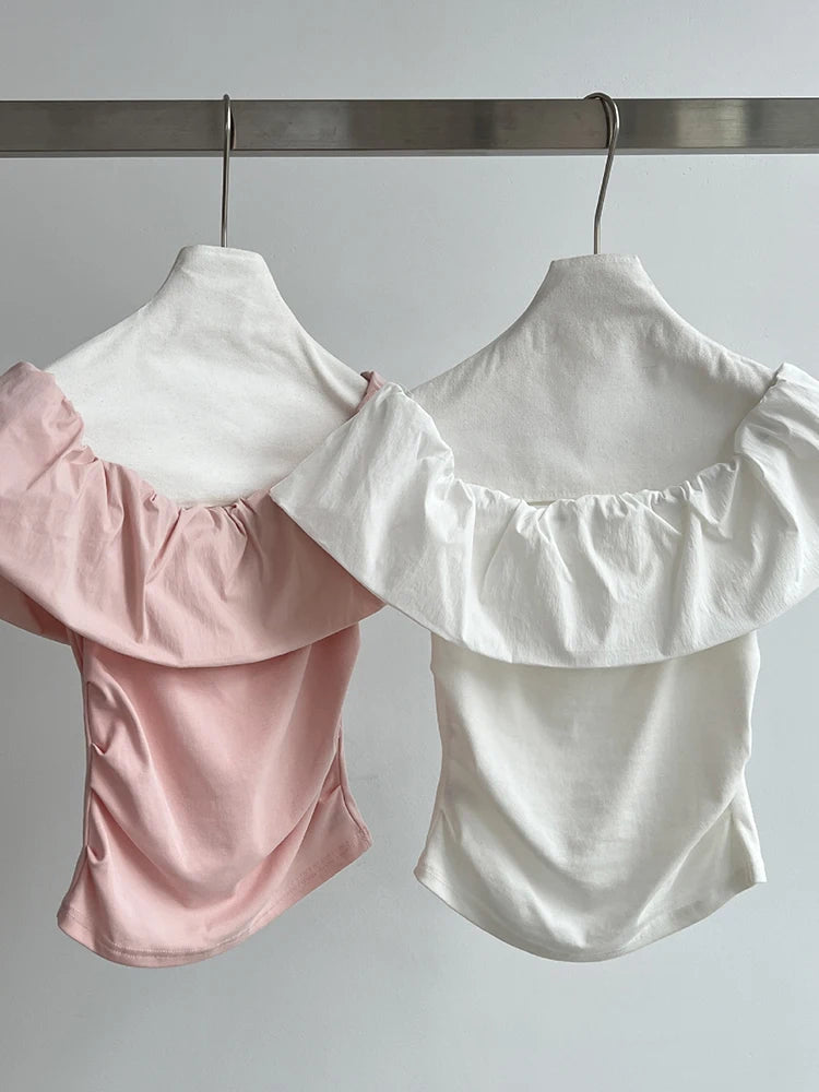 Women White pink Color Ruffles Elegant Slim T-shirt New Slash Neck Short Sleeve Fashion Tide Spring Summer 2025 1DJ1726