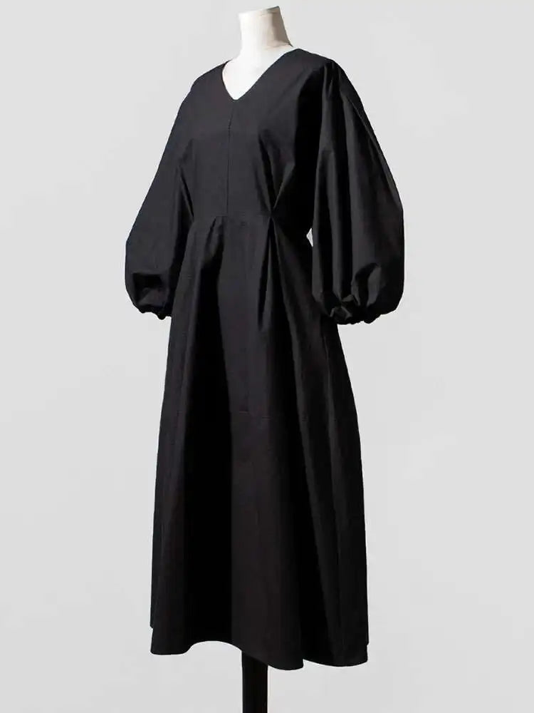 Women Kahki Elegant Big Size Long Dress New V-Neck Long Lantern Sleeve Loose Fit Fashion Tide Spring Autumn 2025  1DH0488