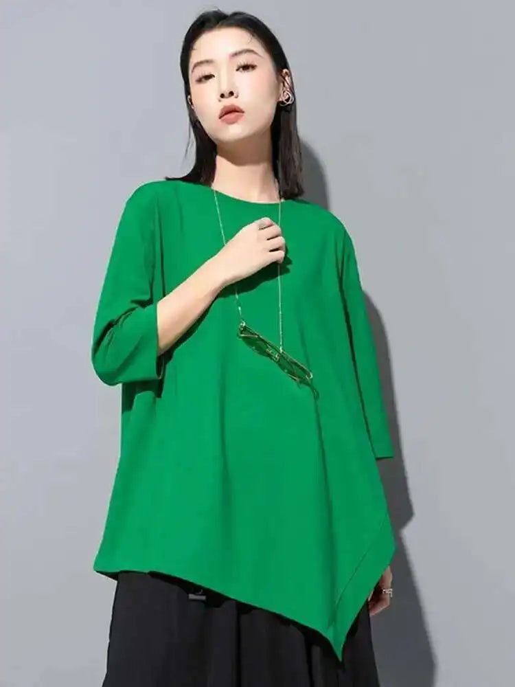 Women Green Irregular Hem Big Size Casual T-shirt New Round Neck Three-quarter Sleeve Fashion Spring Autumn 2025 1DH5949