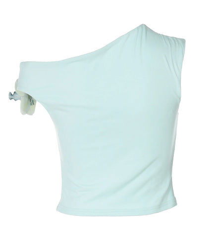 y2k Crop Top Women Floral Embellished Slant Neck Off One Shoulder Sleeveless T Shirt 2000s Coquette Clothing Streetwear