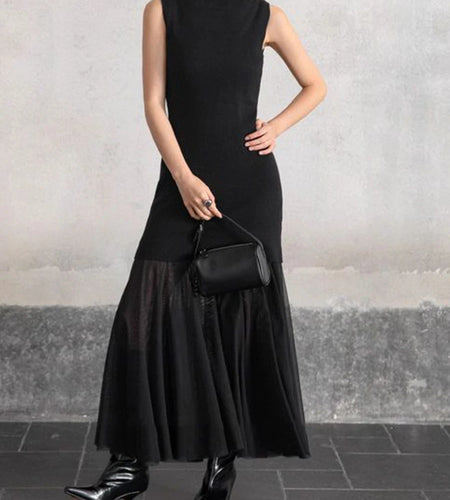 Slimming Spliced Meah Knit Dresses for Women Stand Neck Sleeveless Patchwork Folds Elegant Dress Female Clothes New