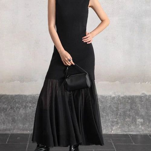 Load image into Gallery viewer, Slimming Spliced Meah Knit Dresses for Women Stand Neck Sleeveless Patchwork Folds Elegant Dress Female Clothes New
