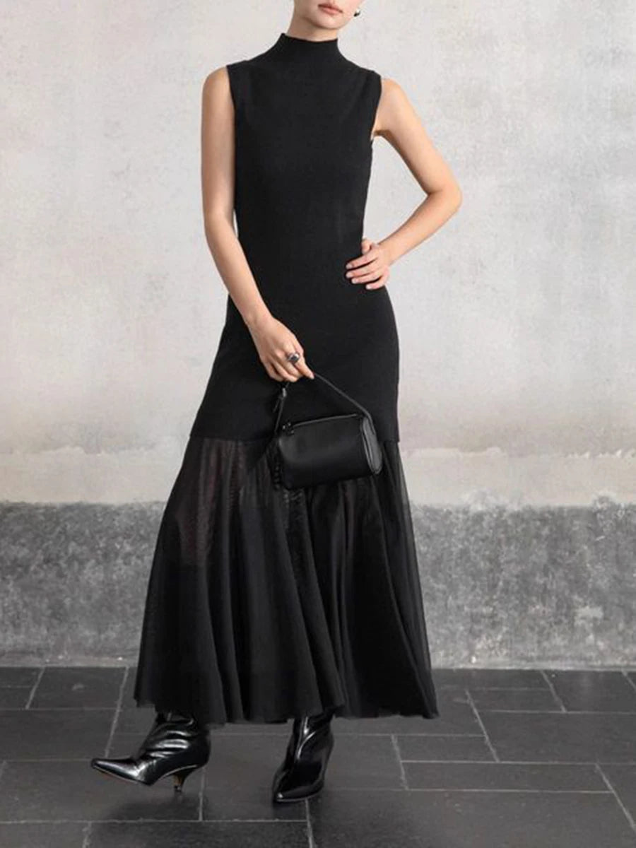 Slimming Spliced Meah Knit Dresses for Women Stand Neck Sleeveless Patchwork Folds Elegant Dress Female Clothes New