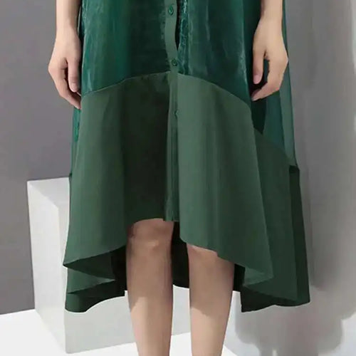 Load image into Gallery viewer, Women Green Organza Irregular Shirt Dress New Stand Collar Half Sleeve Loose Fit Fashion Tide Spring Summer 2025 JT581
