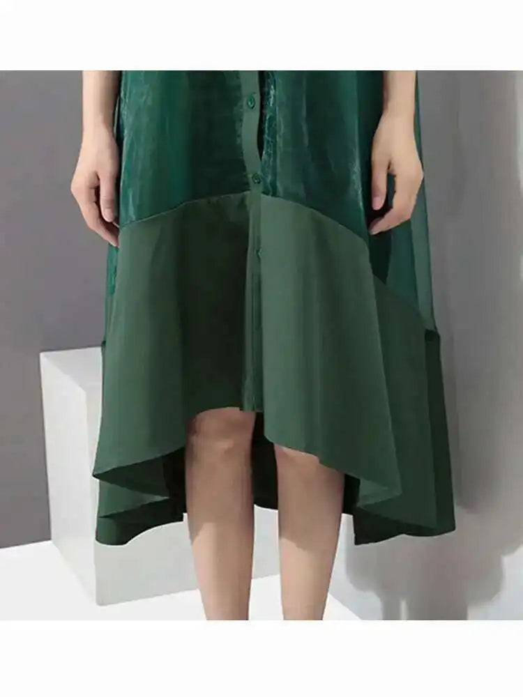 Women Green Organza Irregular Shirt Dress New Stand Collar Half Sleeve Loose Fit Fashion Tide Spring Summer 2025 JT581