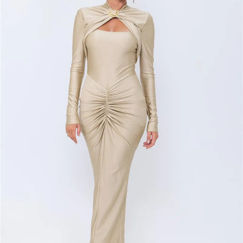 Load image into Gallery viewer, Hollow Out Long Sleeve Sexy Maxi Dress For Women Gown Autumn Winter New Metal Buckle Ruched Slit Long Dress Elegant
