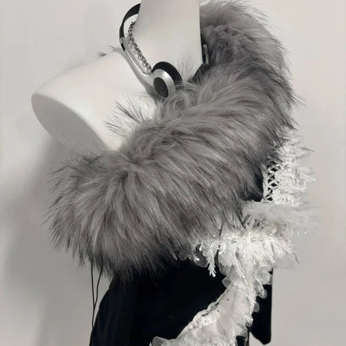 Load image into Gallery viewer, Y2k Aesthetic Fur Patchwork Skew Collar Sexy T-shirts Harajuku Lace Cross Slim Tops Women Streetwear Grunge Hollow Out Tees
