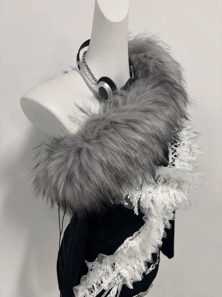 Y2k Aesthetic Fur Patchwork Skew Collar Sexy T-shirts Harajuku Lace Cross Slim Tops Women Streetwear Grunge Hollow Out Tees