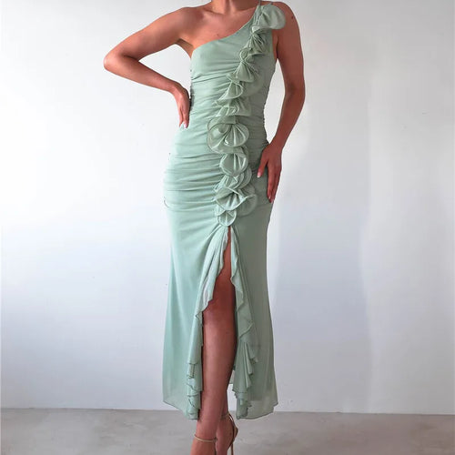 Load image into Gallery viewer, One Shoulder Draped Ruffle Maxi Dress Women Gown Fashion Diagonal Collar Backless Sleeveless Split Long Dress Elegant
