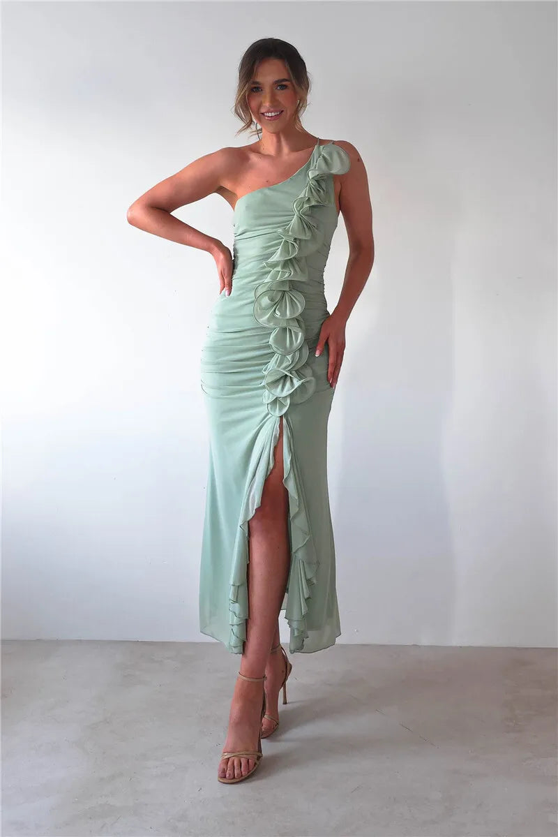 One Shoulder Draped Ruffle Maxi Dress Women Gown Fashion Diagonal Collar Backless Sleeveless Split Long Dress Elegant