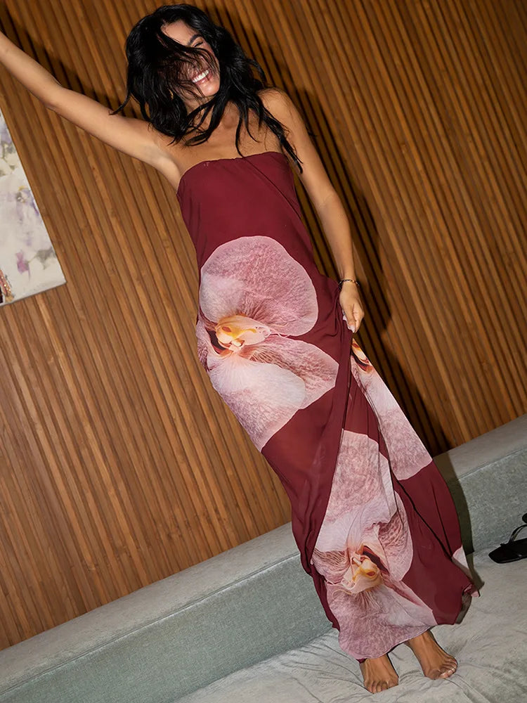Floral Print Strapless Sexy Maxi Dress For Women Gown Patchwork Off-shoulder Backless Sleeveless Print Long Dress