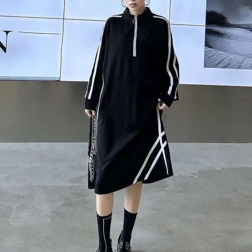 Load image into Gallery viewer, Women Black Striped Spliced Zipper Big Size Midi Dress New Turtleneck Long Sleeve Fashion Tide Spring Autumn 2025 1DH6819
