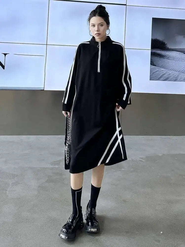 Women Black Striped Spliced Zipper Big Size Midi Dress New Turtleneck Long Sleeve Fashion Tide Spring Autumn 2025 1DH6819